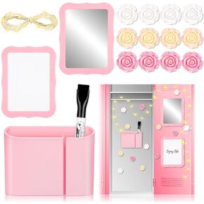 17 Pcs Locker Accessories Kit, Pink Magnetic Mirror, Magnetic Pen Holder, Whiteboard, Cute Flower Magnet and Organizing Supplies Cute Locker Decor Backing for Girls in Middle School