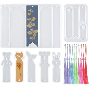 Silicone Molds for Resin, 7Pcs Bookmark UV Resin Mold with Colorful Tassels Rectangle and Animal Shape DIY Transparent Epoxy Bookmark