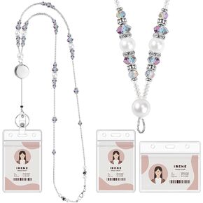Prudiut Teacher Lanyards for Id Badges and Keys, Beaded Badge Lanyard with Retractable Reel Pearl Necklace Cute Lanyards for Women