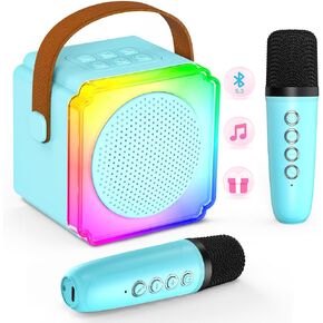 Karaoke Machine for Kids Adults, Mini Bluetooth Karaoke Speaker with 2 Wireless Microphones, LED Party Lights, AUX/USB/TF- Birthday for Girls Boys Ages 3-12+, Blue