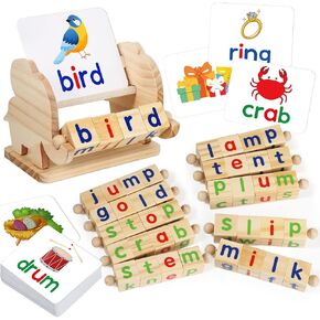 Montessori Learning and Educational Toys Gifts for Kids 3 4 5 Years, Wooden Reading Blocks Toys, Preschool Kindergarten Learning Activities, Turning Rotating Matching Flash Card Games