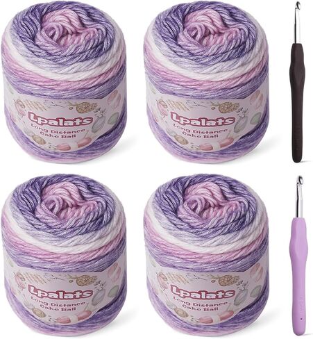 Ombre Yarn for Crocheting - 4x100g Soft 60% Cotton 30% Acrylic 10% Wool Yarn - 962 Yds Gradient Cake Yarns for Knitting Shawls Blankets Sweater with 2 Crochet Hooks (4, Purple Gradient) in Saudi Arabia