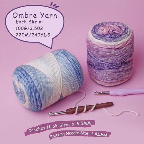 Ombre Yarn for Crocheting - 4x100g Soft 60% Cotton 30% Acrylic 10% Wool Yarn - 962 Yds Gradient Cake Yarns for Knitting Shawls Blankets Sweater with 2 Crochet Hooks (4, Purple Gradient) in Saudi Arabia
