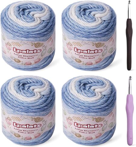 غزل Ombre للكروشيه - 4x100g ناعم 60 ٪ من القطن 30 ٪ من الغزل الصوف 10 ٪ - 962 YDS تدرج خيوط الكيك للحياكة شالات البطانيات سترة مع 2 من السنانير الكروشيه (4 ، التدرج الأرجواني) in Kuwait