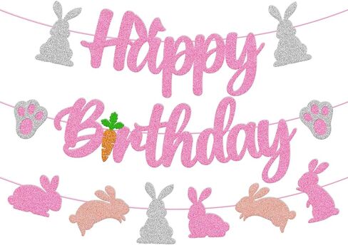 Bunny Birthday Banner Rabbit Bday Party Decorations Bunny Paw Ears Carrot Easter's Day Theme for Kids Boy Girl Baby Shower Party Supplies (Pink) in Kuwait