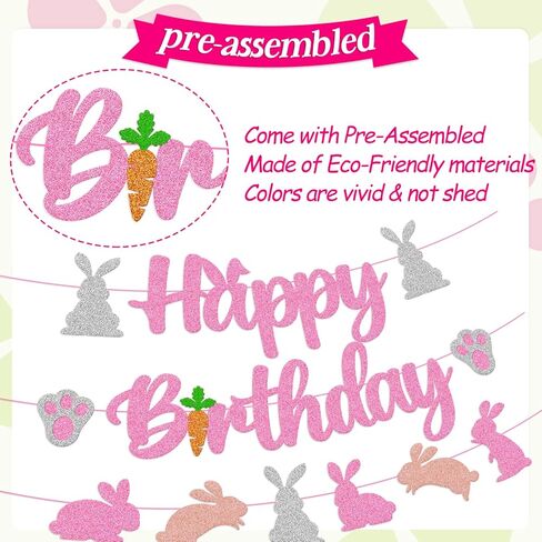 Bunny Birthday Banner Rabbit Bday Party Decorations Bunny Paw Ears Carrot Easter's Day Theme for Kids Boy Girl Baby Shower Party Supplies (Pink) in Kuwait