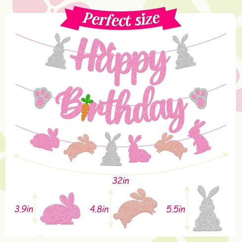 Bunny Birthday Banner Rabbit Bday Party Decorations Bunny Paw Ears Carrot Easter's Day Theme for Kids Boy Girl Baby Shower Party Supplies (Pink) in Kuwait