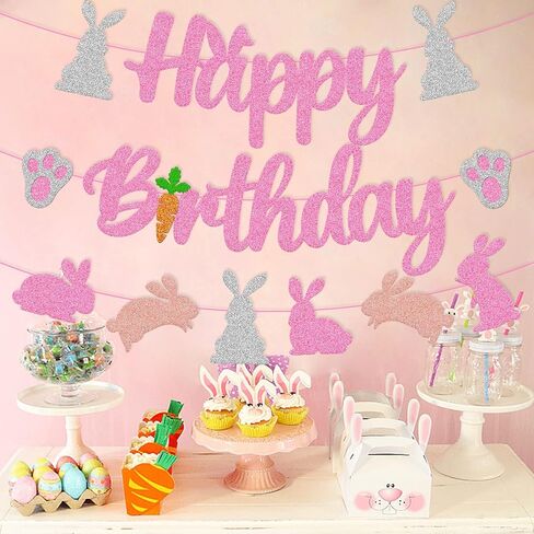 Bunny Birthday Banner Rabbit Bday Party Decorations Bunny Paw Ears Carrot Easter's Day Theme for Kids Boy Girl Baby Shower Party Supplies (Pink) in Kuwait