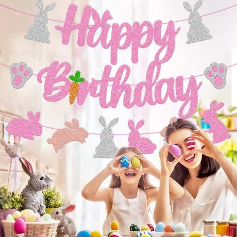 Bunny Birthday Banner Rabbit Bday Party Decorations Bunny Paw Ears Carrot Easter's Day Theme for Kids Boy Girl Baby Shower Party Supplies (Pink) in Kuwait