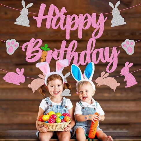 Bunny Birthday Banner Rabbit Bday Party Decorations Bunny Paw Ears Carrot Easter's Day Theme for Kids Boy Girl Baby Shower Party Supplies (Pink) in Kuwait