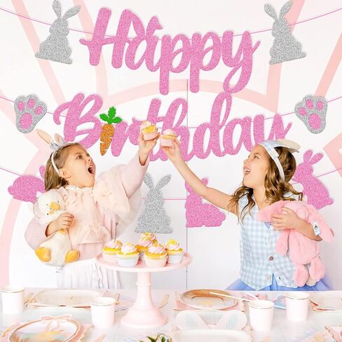 Bunny Birthday Banner Rabbit Bday Party Decorations Bunny Paw Ears Carrot Easter's Day Theme for Kids Boy Girl Baby Shower Party Supplies (Pink) in Kuwait