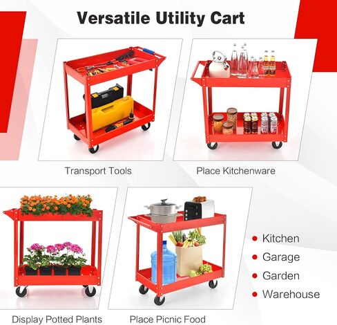 عربة فائدة من GOPLUS 3 مستويات ، عربة خدمة تجارية شاقة مع عجلات قابلة للقفل ، سعة تحميل 330 رطلاً ، مقبض مريح ، منظم تخزين عربة الأدوات الميكانيكية لمستودع المرآب الأحمر in Kuwait