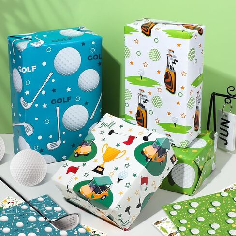 Golf Cart Bag Design Wrapping Paper - 12 Sheets Blue Green Golfing Gift Wrap Sports Themed Gifts for Birthday, Holiday - 20" x 28 in Saudi Arabia