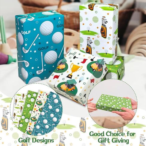 Golf Cart Bag Design Wrapping Paper - 12 Sheets Blue Green Golfing Gift Wrap Sports Themed Gifts for Birthday, Holiday - 20" x 28 in Saudi Arabia