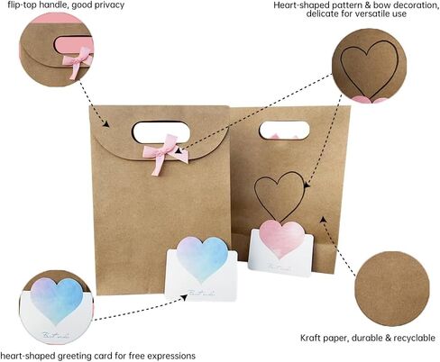 4 Pack Eco-Friendly Kraft Mom's Gift Bags – Birthday Party, Baby & Bridal Shower Favors | Extra Sturdy 250 GSM, Vintage Flap Lid with Hand-Painted Hearts, Pink Bows – Reusable Decorative Bags for Women Gifts in Saudi Arabia
