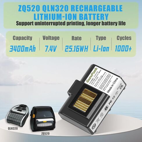 3400mah ZQ620 ZQ520 Printer battery,compatible with zebra Mobile printer QLN220 QLN320 ZQ500 ZQ510 ZQ520 ZQ610 ZQ620 ZR628 ZR638 ZR658 ZR668 ZQ521,Lithium-ion,Durable and long battery life(1pcs) in Saudi Arabia