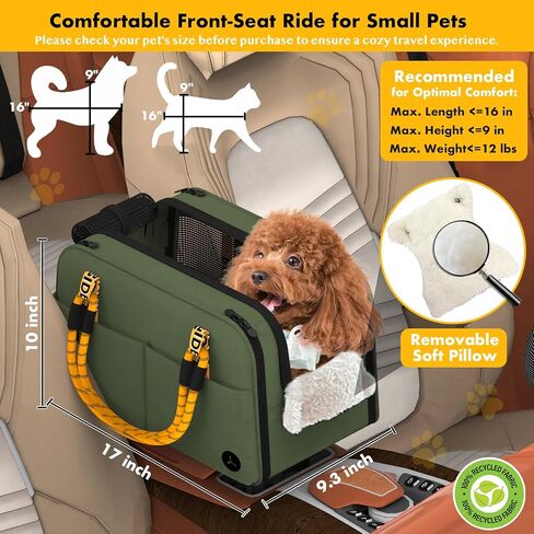 PAWZIDEA Center Console Dog Car Seat, Enclosed Secure Armrest Booster Seat for Small Dogs & Cats up 12lbs, Soft-Sided Travel Pet Carrier Safety Straps, Removable Pillow, Storage Pocket, Shoulder Strap in Kuwait