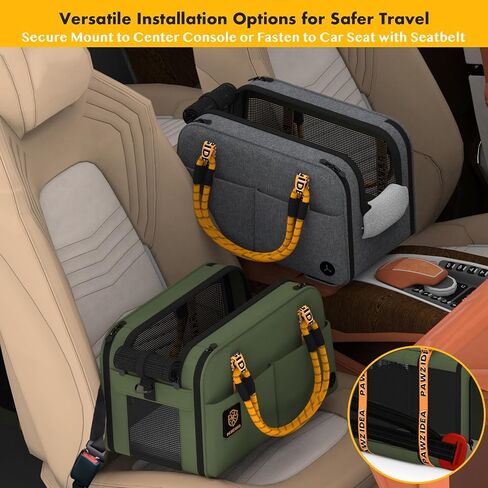 PAWZIDEA Center Console Dog Car Seat, Enclosed Secure Armrest Booster Seat for Small Dogs & Cats up 12lbs, Soft-Sided Travel Pet Carrier Safety Straps, Removable Pillow, Storage Pocket, Shoulder Strap in Kuwait