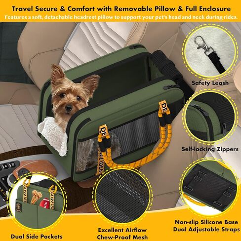 PAWZIDEA Center Console Dog Car Seat, Enclosed Secure Armrest Booster Seat for Small Dogs & Cats up 12lbs, Soft-Sided Travel Pet Carrier Safety Straps, Removable Pillow, Storage Pocket, Shoulder Strap in Kuwait