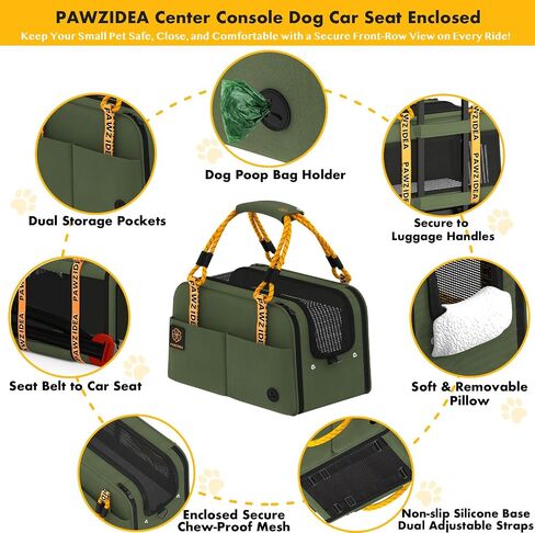 PAWZIDEA Center Console Dog Car Seat, Enclosed Secure Armrest Booster Seat for Small Dogs & Cats up 12lbs, Soft-Sided Travel Pet Carrier Safety Straps, Removable Pillow, Storage Pocket, Shoulder Strap in Kuwait