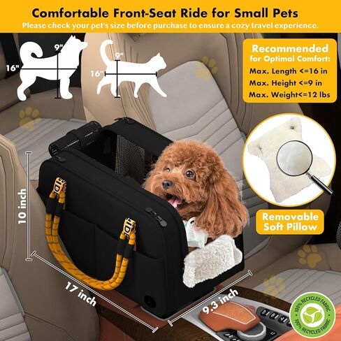 PAWZIDEA Center Console Dog Car Seat, Enclosed Secure Armrest Booster Seat for Small Dogs & Cats up 12lbs, Soft-Sided Travel Pet Carrier Safety Straps, Removable Pillow, Storage Pocket, Shoulder Strap in Kuwait