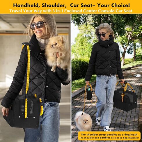 PAWZIDEA Center Console Dog Car Seat, Enclosed Secure Armrest Booster Seat for Small Dogs & Cats up 12lbs, Soft-Sided Travel Pet Carrier Safety Straps, Removable Pillow, Storage Pocket, Shoulder Strap in Kuwait