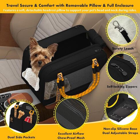 PAWZIDEA Center Console Dog Car Seat, Enclosed Secure Armrest Booster Seat for Small Dogs & Cats up 12lbs, Soft-Sided Travel Pet Carrier Safety Straps, Removable Pillow, Storage Pocket, Shoulder Strap in Kuwait