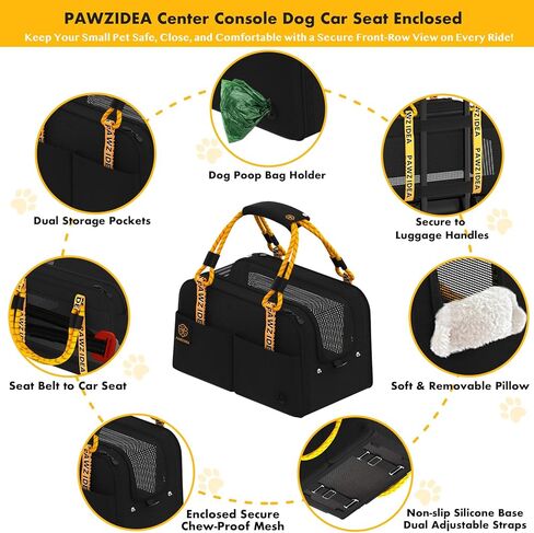 PAWZIDEA Center Console Dog Car Seat, Enclosed Secure Armrest Booster Seat for Small Dogs & Cats up 12lbs, Soft-Sided Travel Pet Carrier Safety Straps, Removable Pillow, Storage Pocket, Shoulder Strap in Kuwait