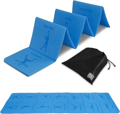 بساط يوجا قابل للطي - مصور بـ 14 وضعية منقوشة، بساط تمرين اللياقة البدنية مربع قابل للطي أثناء السفر كما يظهر على التلفاز، تخزين مثالي، البيلاتيس، التمارين المنزلية in Kuwait