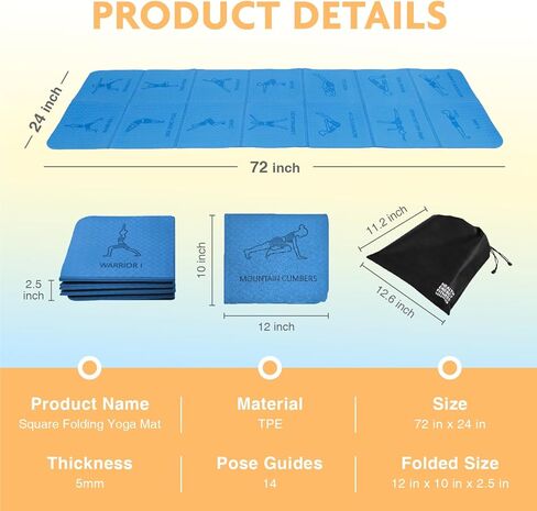بساط يوجا قابل للطي - مصور بـ 14 وضعية منقوشة، بساط تمرين اللياقة البدنية مربع قابل للطي أثناء السفر كما يظهر على التلفاز، تخزين مثالي، البيلاتيس، التمارين المنزلية in Kuwait