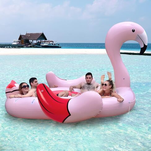 Goplus Giant Flamingo Pool Float ، 4-6 أشخاص قابلة للنفخ في مضخة هواء و 6 كوب من حاملي الأطفال البالغين ، ألعاب الجزيرة العائمة للحفلات ، الشاطئ ، النهر ، البحيرة in Kuwait