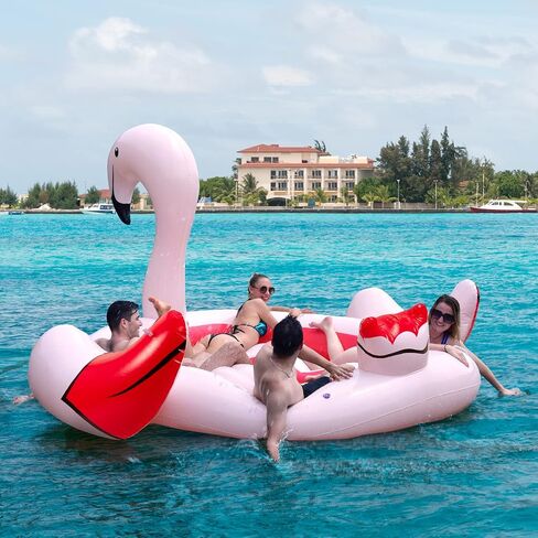 Goplus Giant Flamingo Pool Float ، 4-6 أشخاص قابلة للنفخ في مضخة هواء و 6 كوب من حاملي الأطفال البالغين ، ألعاب الجزيرة العائمة للحفلات ، الشاطئ ، النهر ، البحيرة in Kuwait