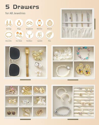 Large Jewelry Organizer Box, Earring Holder Organizer Box with Drawers, Tiered 5 Trays Necklace Holder Organizer, Storage Box for Watches, Bracelets, Stud Earrings Organization Pink Women Girls Gift in Saudi Arabia