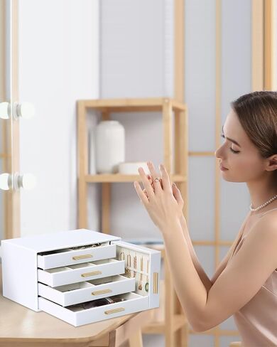 Large Jewelry Organizer Box, Earring Holder Organizer Box with Drawers, Tiered 5 Trays Necklace Holder Organizer, Storage Box for Watches, Bracelets, Stud Earrings Organization Pink Women Girls Gift in Saudi Arabia