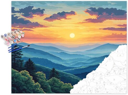 Great Smoky Mountains National Park Park حسب الرقم ، وطلاء جبال Smoky بواسطة مجموعات الأرقام ، واللوحات الجبلية سهلة DIY Canvas Decor Home Wall - Sunset Mountain Trees Landscape (16 × 20 بوصة) in Kuwait