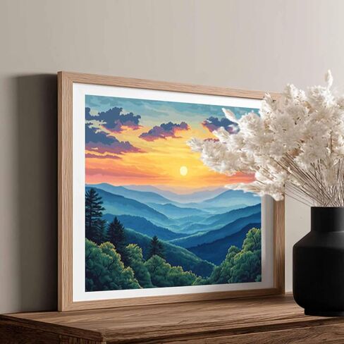 Great Smoky Mountains National Park Park حسب الرقم ، وطلاء جبال Smoky بواسطة مجموعات الأرقام ، واللوحات الجبلية سهلة DIY Canvas Decor Home Wall - Sunset Mountain Trees Landscape (16 × 20 بوصة) in Kuwait