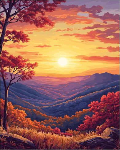 Great Smoky Mountains National Park Park حسب الرقم ، وطلاء جبال Smoky بواسطة مجموعات الأرقام ، واللوحات الجبلية سهلة DIY Canvas Decor Home Wall - Sunset Mountain Trees Landscape (16 × 20 بوصة) in Kuwait