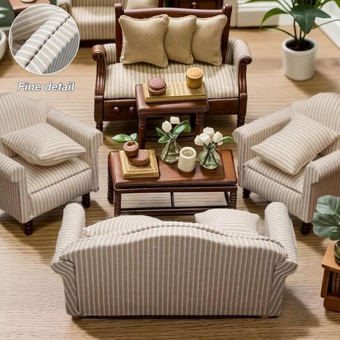 1/12 Dollhouse Couch - Miniature Double & Single Sofa with Pillow, Upholstered Armchair for Living Room or Bedroom Furniture Accessories (1 Set) in Kuwait