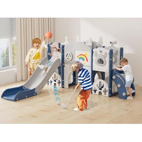 YUFU 13 in 1 Kids Slide for Toddlers, Toddler Slide Playset with Golf, Drawing Board, Climber, Basketball Hoop and Storage Space, Indoor Outdoor Toddler Playground for Kids Age 1-3 (Brown)