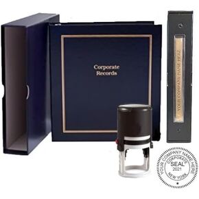 Corporate Kit (Black) - Binder, Slipcase, Minutes & Bylaws, Stock Certificates, Index Tabs & Black R-542 Self-Inking Corprate Seal Stamp