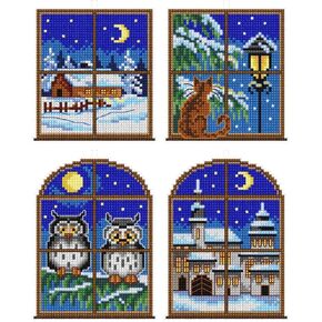 Wizardi Counted Cross Stitch kit with Plastic Canvas "Winter Windows" Set of 4 Designs 7652 Orchidea