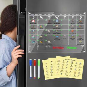 Acrylic Magnetic Calendar for Refrigerator - Reusable Dry Erase Board with Stickers & Marker, Family Organizer, Kids Activity, Acrylic, Shatterproof, Strong Magnets