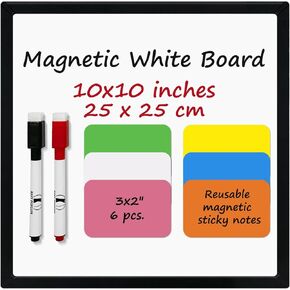 White Board Mini Kit - 10 x 10 in Whiteboard with 2 Dry Erase Markers and 6 Magnetic Notes - Small Double-Sided Wall Hanging Dry Wipe Off Board for Home and Office