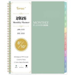 2026 Monthly Planner - Monthly Calendar 2026, 8'' x 10'', Basic Planner with PP Cover, Colorful 12 Months Tabs, JAN 2026-DEC 2026, 2026 Calendar with 2-Sides Pockets