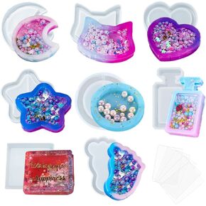 8 Pcs Resin Shaker Molds Set, Quicksand Silicone Molds with 5 Pcs PVC Sheets Shaker Resin Molds for DIY Handicraft Keychain Pendant Charms Accessory