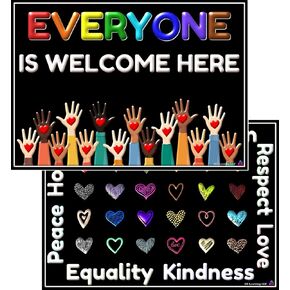 Everyone is Welcome Here and Inclusion Posters - Laminated 14x19.5 - Classroom Charts and Decorations, Back to School Supplies, Store Welcome Signs, Office Sign and Decor, Home Signage