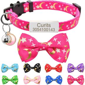 Personalized Cat Collar with Name Tag & Bell,Custom Cute Stars Moons Kitten Collar with Nameplate,Adjustable Safety Breakaway Cat Collars with Bow Tie (fit 8.0''-11.0'',Green)