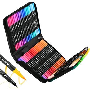 Dual Tip Brush Markers for Adult Coloring Books No Bleeding – Fine & Brush Pens for Drawing, Lettering, Bullet Journaling – Non Bleed Art Marker Set for Adults & Kids. 12 Colors