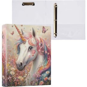 Caikeny 3 Ring Binder Unicorn Butterfly Rainbow Horn 1.5 Inch Binders Round Ring Clipboard with 2 Pockets for Office Supplies