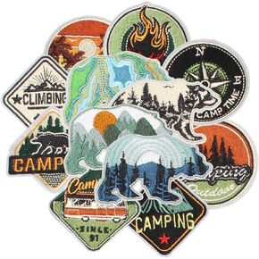 12PCS Wild Advanture Bear Iron on Patches, Camping Climbing Embroidered Iron on Badges for Clothes, Custom Outdoor Hiking Applique for Hats, Jeans, Jackets, Bags, Backpacks, Dress